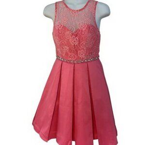Cindy USA Pink Lace Taffeta Beaded Waist Lace Up Back Dress